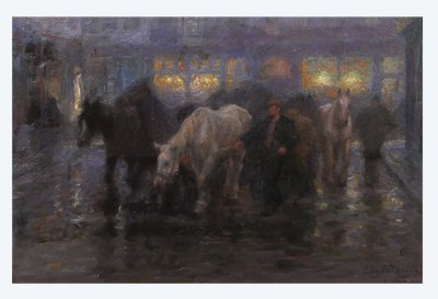 Edgard FARASYN 1868-1938 Pferde in der Stadt, Nachteffekt, Gemälde, Impressionismus Belgien