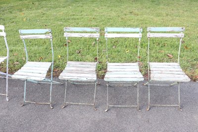 Bistro Garden Folding Chairs In Iron And Wood Slats, Set Of 8