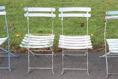 Bistro Garden Folding Chairs In Iron And Wood Slats, Set Of 8