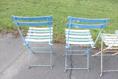 Bistro Garden Folding Chairs In Iron And Wood Slats, Set Of 8