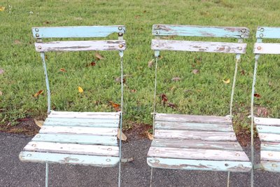 Bistro Garden Folding Chairs In Iron And Wood Slats, Set Of 8