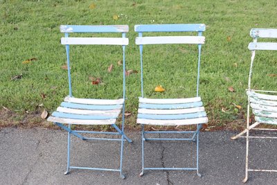 Bistro Garden Folding Chairs In Iron And Wood Slats, Set Of 8