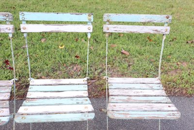 Bistro Garden Folding Chairs In Iron And Wood Slats, Set Of 8