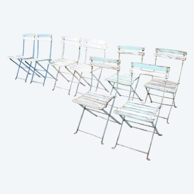 Bistro Garden Folding Chairs In Iron And Wood Slats, Set Of 8