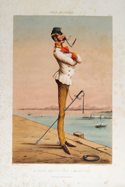 Types militaires Autriche 1862 Officier Supérieur d'Infanterie  lithographie 19ème