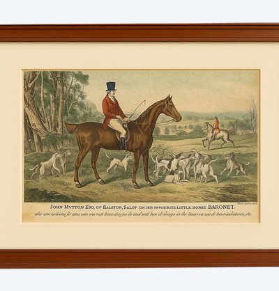 Antique engraving 1837 - John Mytton on horseback - hunting scene - signed W. Giller - framed
