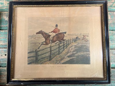 Antique engraving - Henry Alken - "Buck-ing a Flight of Rails" - Hunting - England - Circa