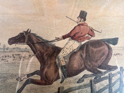 Antique engraving - Henry Alken - "Buck-ing a Flight of Rails" - Hunting - England - Circa