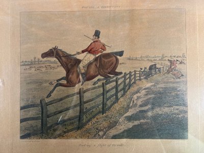 Antique engraving - Henry Alken - "Buck-ing a Flight of Rails" - Hunting - England - Circa
