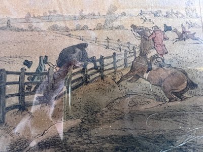 Antique engraving - Henry Alken - "Buck-ing a Flight of Rails" - Hunting - England - Circa