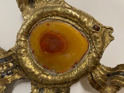 Henri Fernandez - Applique Poisson en laiton et agate Circa 1970
