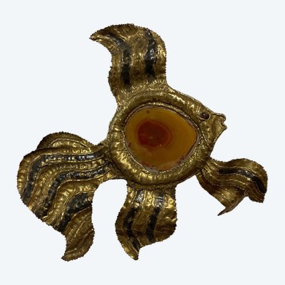 Henri Fernandez - Applique Poisson en laiton et agate Circa 1970