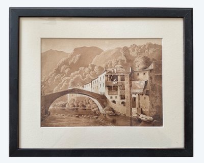 19th century drawing, Italian village in the mountains