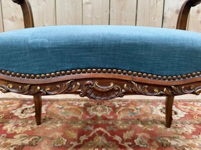 Banc - Banquette de piano ou d'entrée en velours bleu.