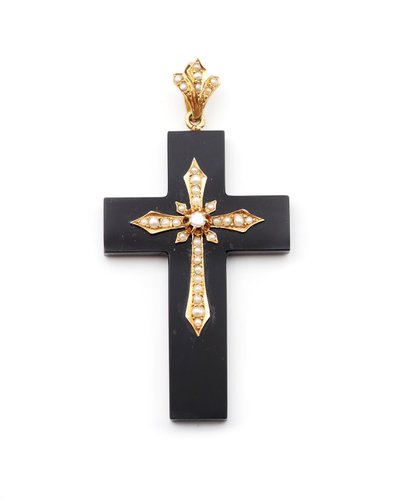 Kreuzanhänger Onyx und Perlen aus 18k Gold, altes Souvenirkreuz, Second Empire, Napoleon III.