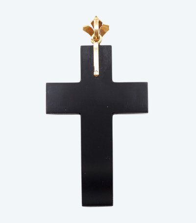 Kreuzanhänger Onyx und Perlen aus 18k Gold, altes Souvenirkreuz, Second Empire, Napoleon III.