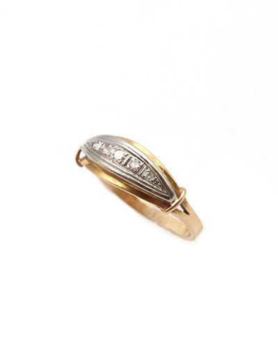 Anello da giarrettiera Art Déco in oro 18 ct e platino, anello con diamante antico, anello con linea di diamanti, 0,18