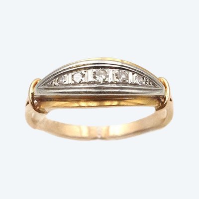 Anello da giarrettiera Art Déco in oro 18 ct e platino, anello con diamante antico, anello con linea di diamanti, 0,18