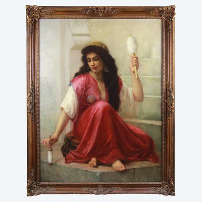Charles Zacharie Landelle Huile sur toile "Jeune orientale au fuseau" Par Charles Landelle ca 1870