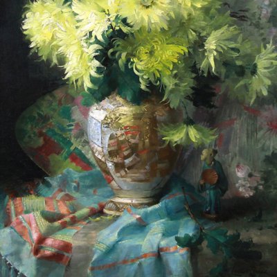 Olio su tela Natura morta con fiori e porcellana giapponese Satsuma
