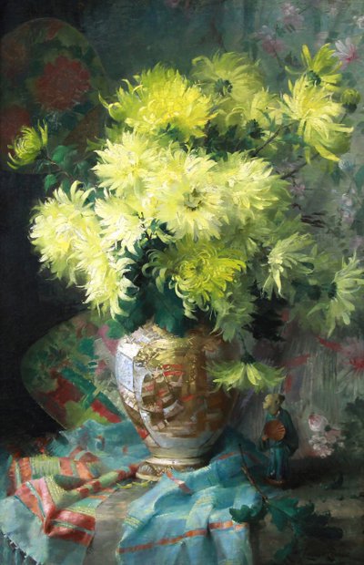 Olio su tela Natura morta con fiori e porcellana giapponese Satsuma