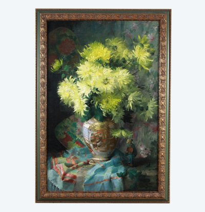 Olio su tela Natura morta con fiori e porcellana giapponese Satsuma