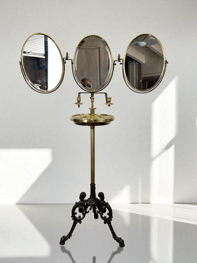 NAPOLEON III PERIOD BRASS TRIPTYCH BARBER MIRROR ADJUSTABLE IN HEIGHT