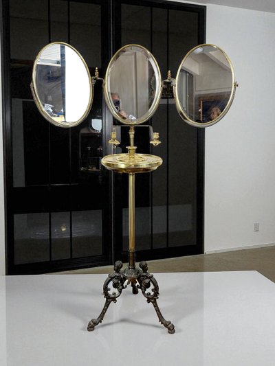 NAPOLEON III PERIOD BRASS TRIPTYCH BARBER MIRROR ADJUSTABLE IN HEIGHT