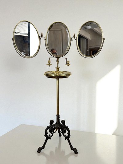 NAPOLEON III PERIOD BRASS TRIPTYCH BARBER MIRROR ADJUSTABLE IN HEIGHT