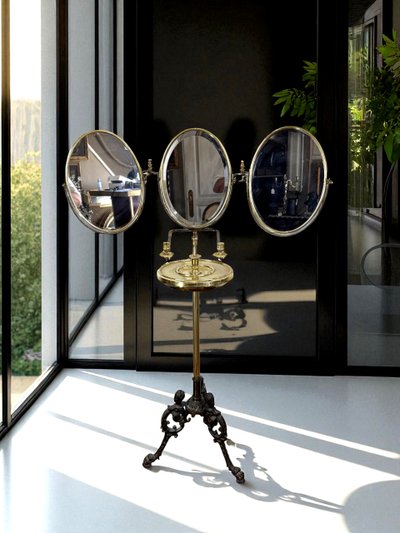 NAPOLEON III PERIOD BRASS TRIPTYCH BARBER MIRROR ADJUSTABLE IN HEIGHT