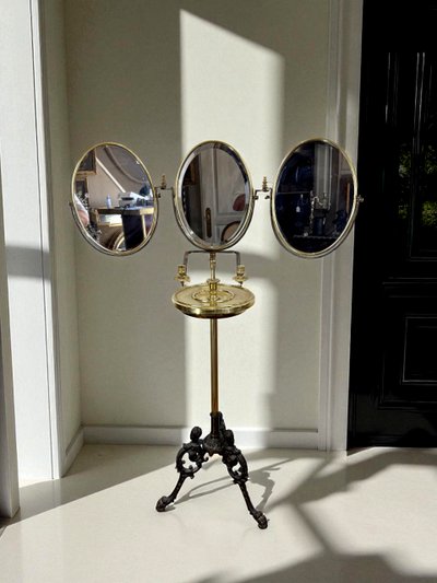 NAPOLEON III PERIOD BRASS TRIPTYCH BARBER MIRROR ADJUSTABLE IN HEIGHT