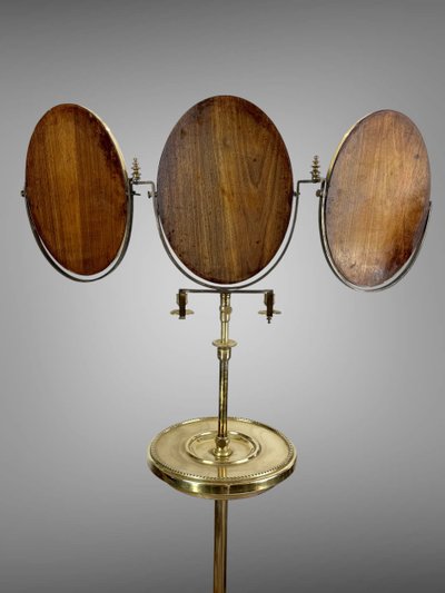 NAPOLEON III PERIOD BRASS TRIPTYCH BARBER MIRROR ADJUSTABLE IN HEIGHT