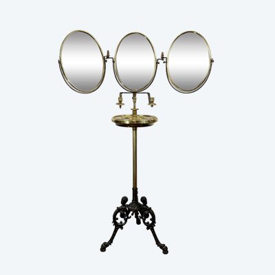 NAPOLEON III PERIOD BRASS TRIPTYCH BARBER MIRROR ADJUSTABLE IN HEIGHT