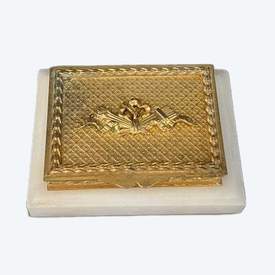 Scatola per francobolli in bronzo dorato su base di marmo, Francia, XIX secolo