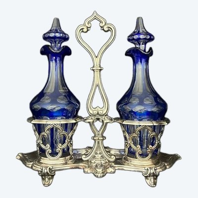 Huilier vinaigrier in cut blue crystal, solid silver mount, silversmith A. Debain