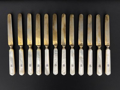 Set of 12 Minerve silver knives B.Lorillon (Paris,1854-1857), monogrammed mother-of-pearl handles