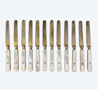 Set of 12 Minerve silver knives B.Lorillon (Paris,1854-1857), monogrammed mother-of-pearl handles