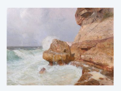 Thomas LEITNER 1876-1948 Paysage de bord de mer, effet de vague, grand tableau, 1906