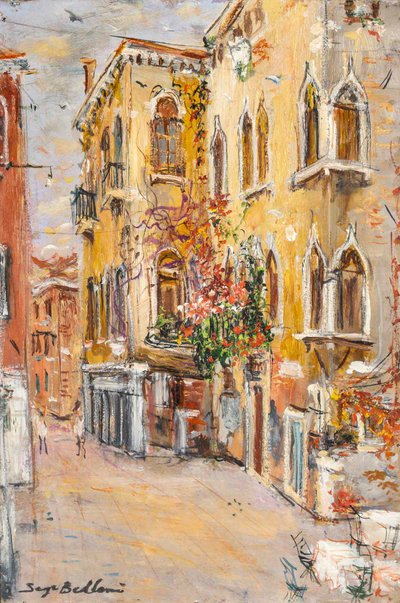 Serge Belloni (1925-2005) - Blumige Gasse im Venedig Authentisches Öl auf Leinwand um 1980