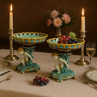 Coppia di coppe Barbotine - Decorazione a putti - XIX secolo