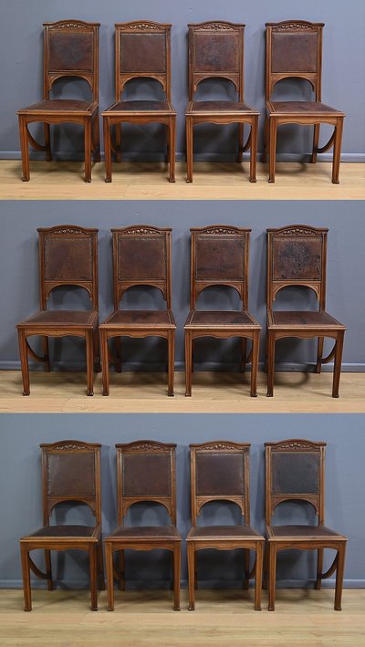 Suite di 12 sedie in noce, Art Nouveau - Inizio XX secolo