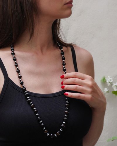 Sautoir ancien agate rubanée, fermoir en or 14k, collier de deuil, agate noire, onyx, bijoux anciens