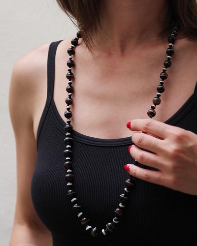 Sautoir ancien agate rubanée, fermoir en or 14k, collier de deuil, agate noire, onyx, bijoux anciens
