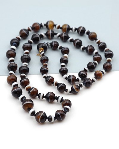 Sautoir ancien agate rubanée, fermoir en or 14k, collier de deuil, agate noire, onyx, bijoux anciens