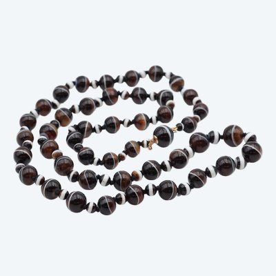 Sautoir ancien agate rubanée, fermoir en or 14k, collier de deuil, agate noire, onyx, bijoux anciens