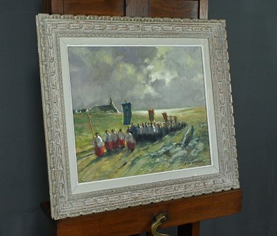 Painting "La Procession" by A. Deaufreton - Early 20th century