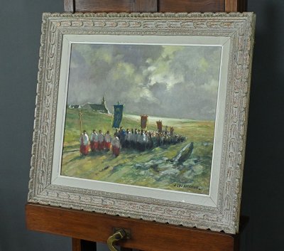 Painting "La Procession" by A. Deaufreton - Early 20th century