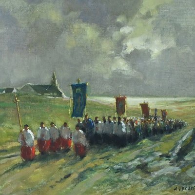 Painting "La Procession" by A. Deaufreton - Early 20th century