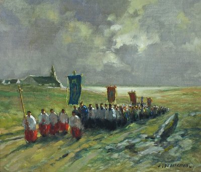 Painting "La Procession" by A. Deaufreton - Early 20th century