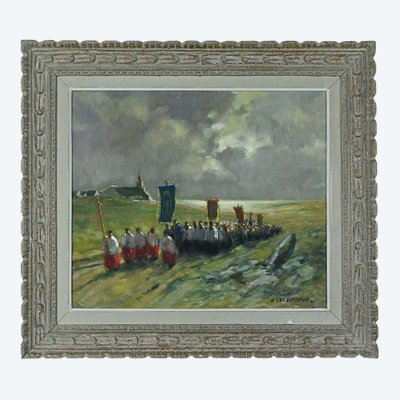 Painting "La Procession" by A. Deaufreton - Early 20th century